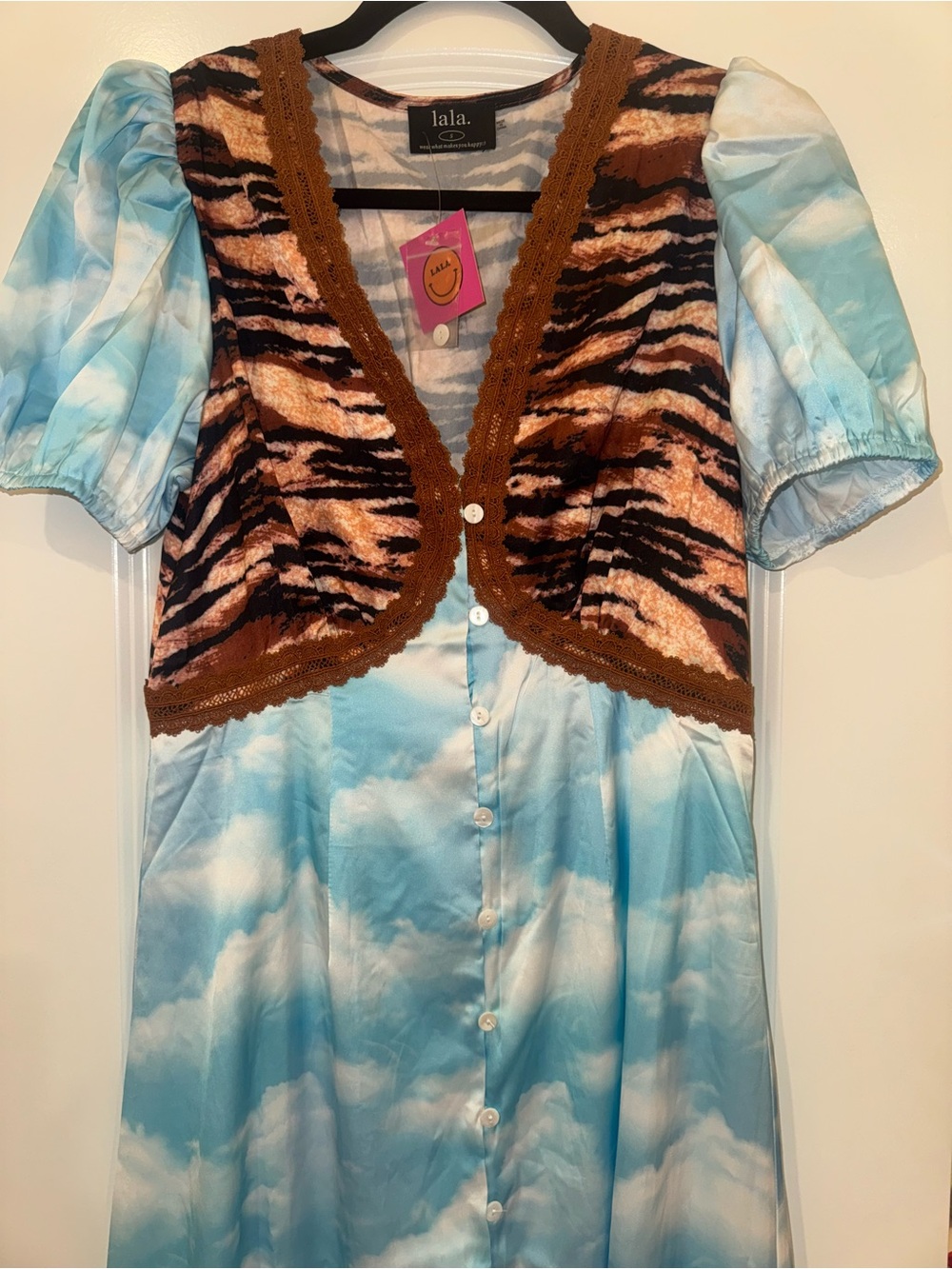 NWT Dressed In LaLa Cloud Print Dress with Tiger Panel & Brown Trim